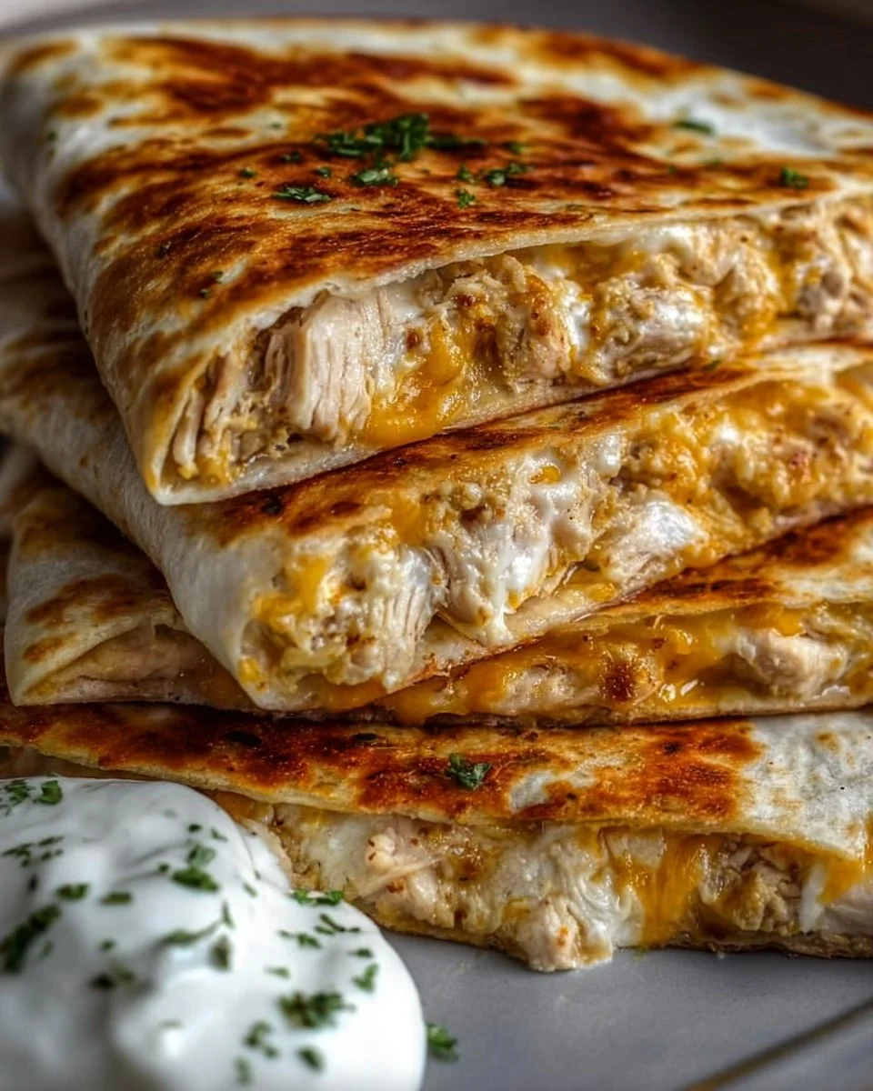 High-protein chicken ranch quesadilla loaded with cheese and fresh ingredients