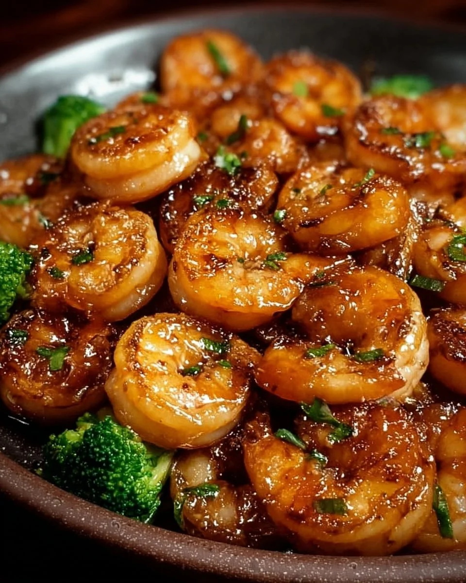 High-protein honey garlic shrimp dish served on a plate with vegetables