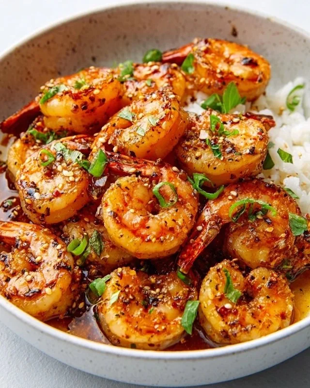 Delicious honey garlic shrimp dish, high in protein and flavor.