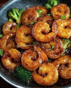 Delicious high-protein honey garlic shrimp served over rice with vegetables