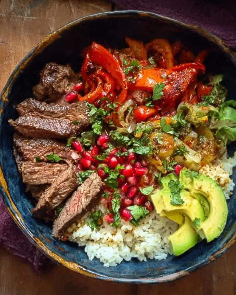 Delicious high protein steak fajita bowl garnished with fresh vegetables.