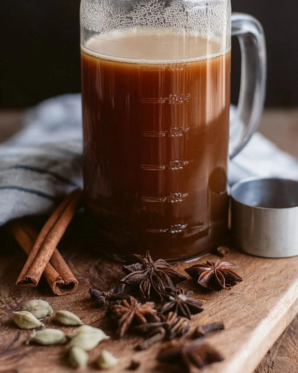 A cup of homemade chai concentrate with spices and tea leaves