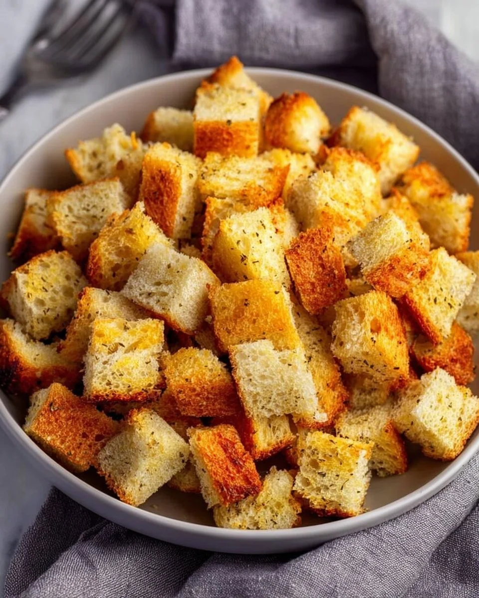 Bowl of homemade croutons made from fresh bread, seasoned and baked to perfection.