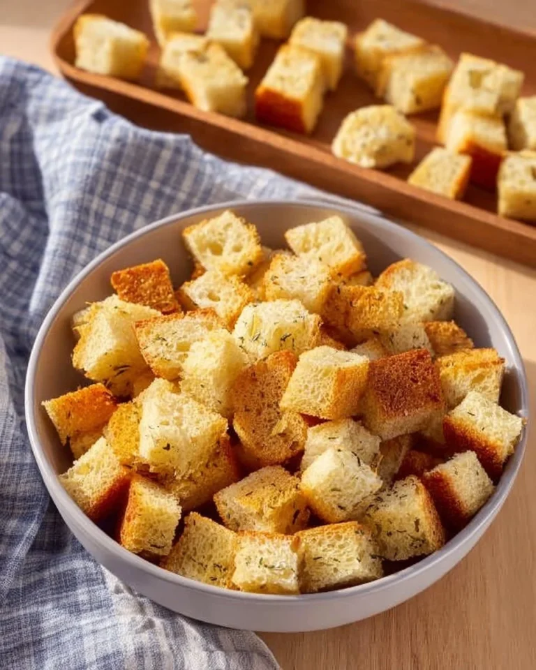 Bowl of homemade croutons ready to enhance salads and soups.