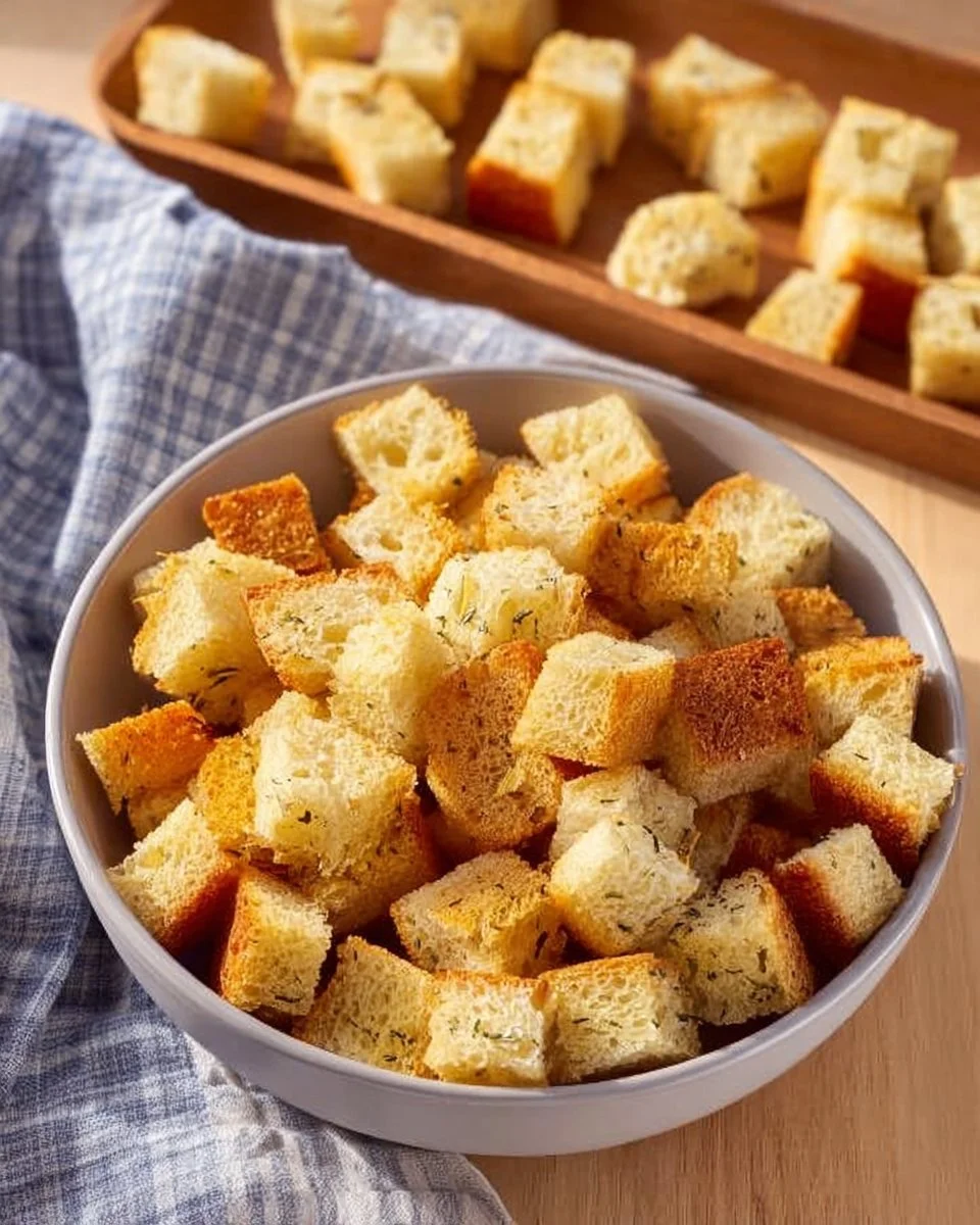 Bowl of homemade croutons ready to enhance salads and soups.