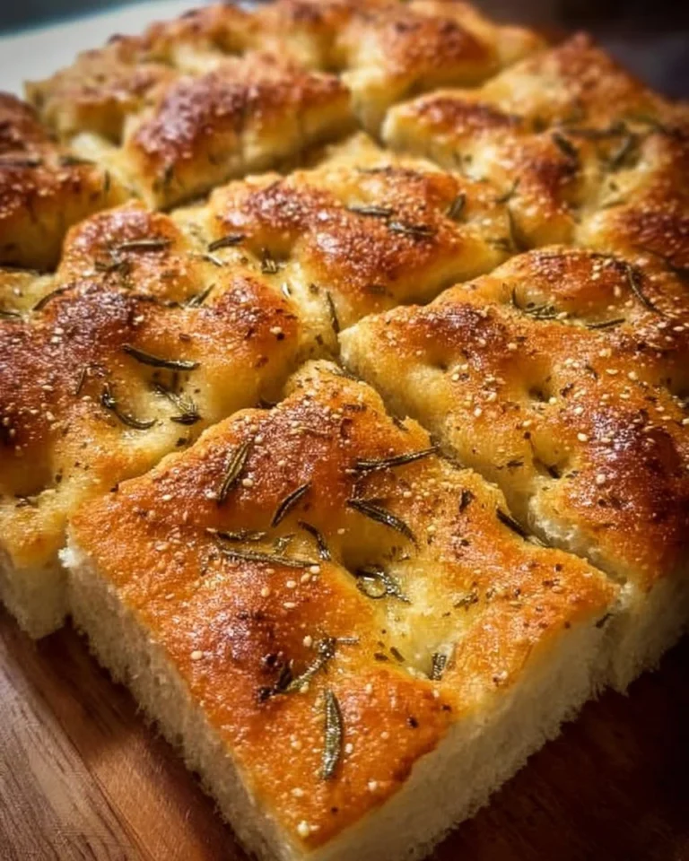 Freshly baked homemade focaccia bread topped with herbs and olive oil.