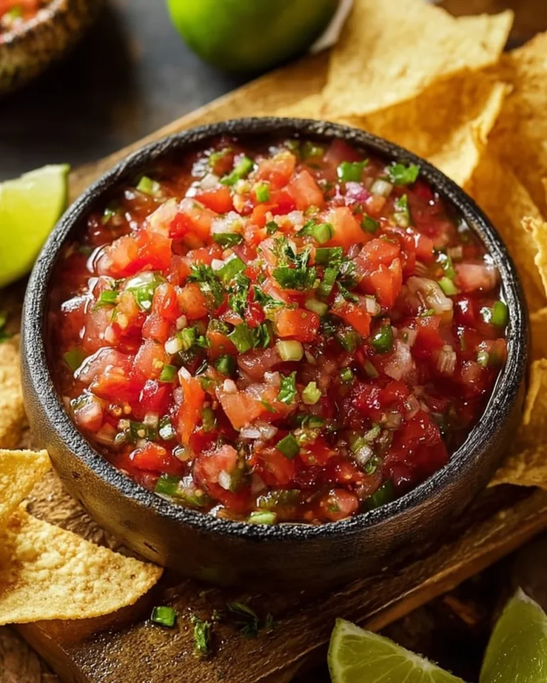 Bowl of homemade restaurant style salsa with tortilla chips on the side