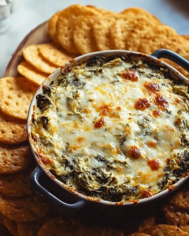 Delicious hot spinach and artichoke dip served in a bowl with tortilla chips