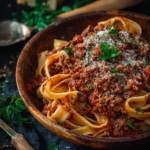 A delicious bowl of homemade Bolognese sauce served over pasta