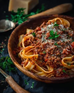 A delicious bowl of homemade Bolognese sauce served over pasta