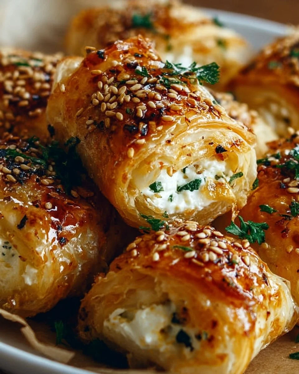 Indulgent oven-fried feta rolls drizzled with chili honey for a flavorful bite.