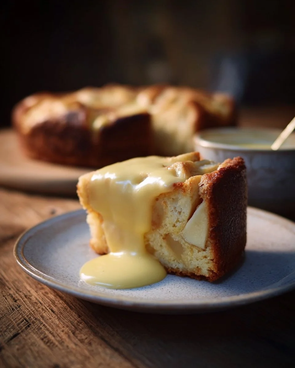 Irish apple cake served with custard sauce on a rustic table.