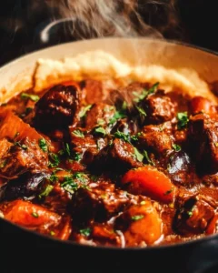 Bowl of traditional Irish Beef Stew with vegetables and herbs