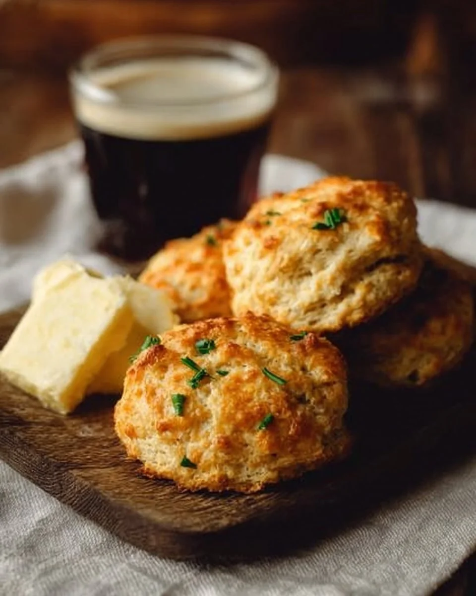 Freshly baked Irish Cheddar and Stout Biscuits on a wooden board