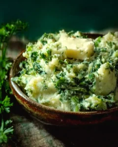 Traditional Irish Colcannon served in a bowl with greens and potatoes.