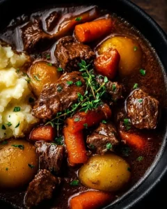 Irish Guinness Beef Stew with vegetables and herbs in a rustic bowl