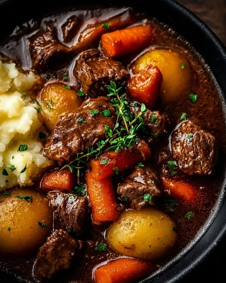 Irish Guinness Beef Stew with vegetables and herbs in a rustic bowl