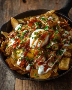 Delicious Irish Pub Potato Nachos topped with cheese and toppings