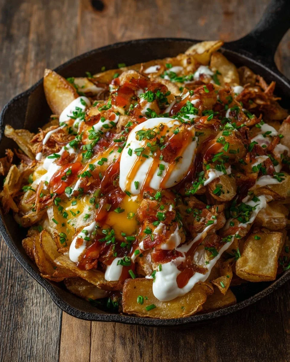 Delicious Irish Pub Potato Nachos topped with cheese and toppings