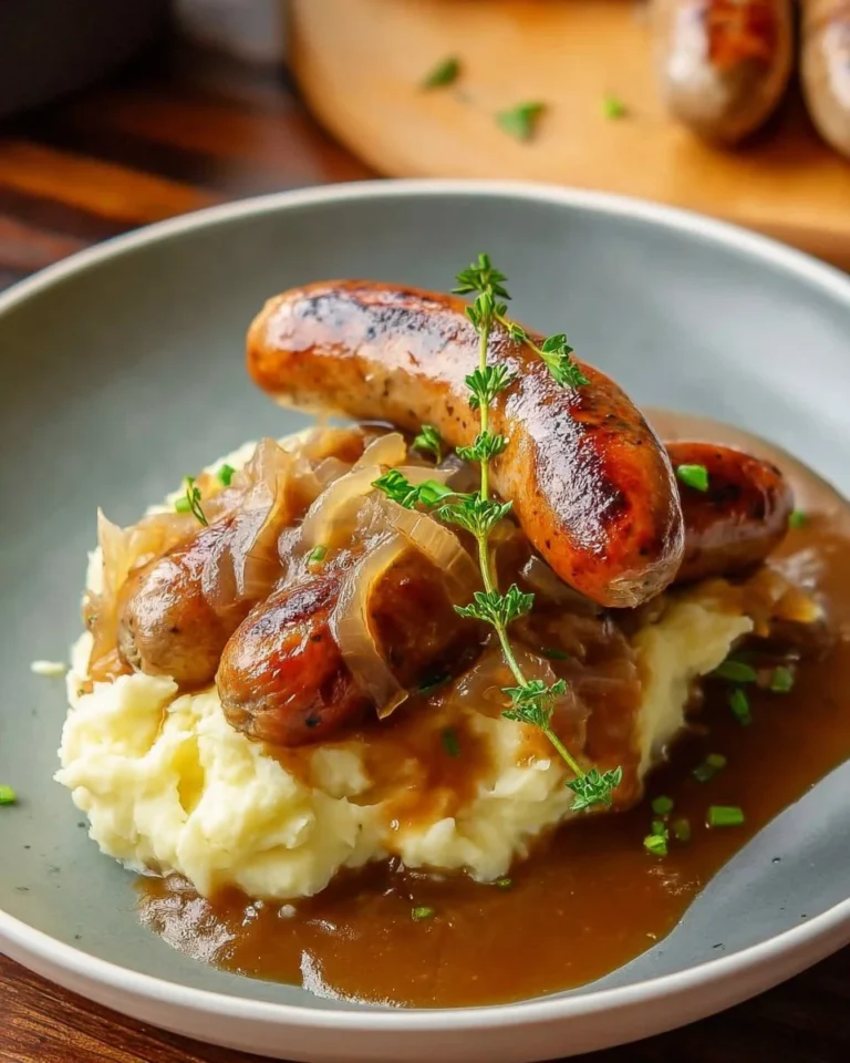 Irish sausages served with fluffy mashed potatoes on a plate
