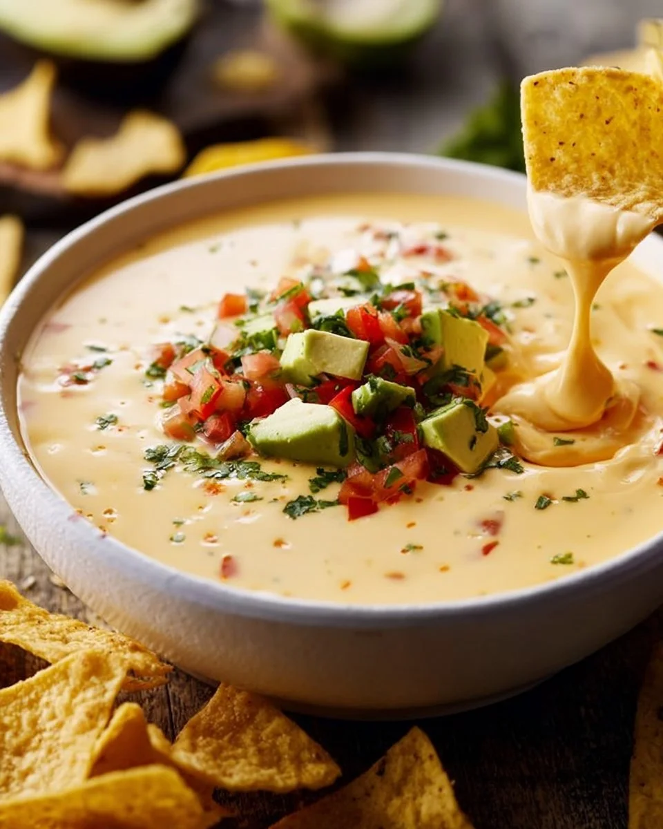 Bowl of delicious and creamy cheese dip served with tortilla chips