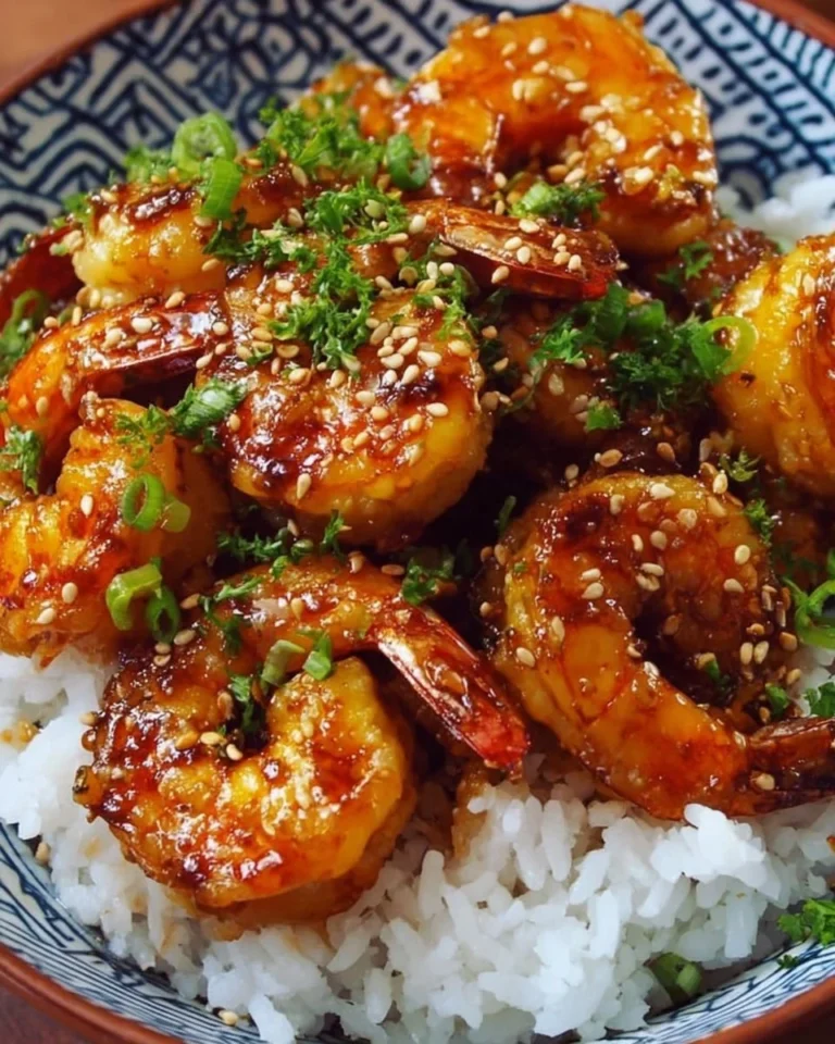 A delicious bowl of honey garlic shrimp with vibrant vegetables and rice.