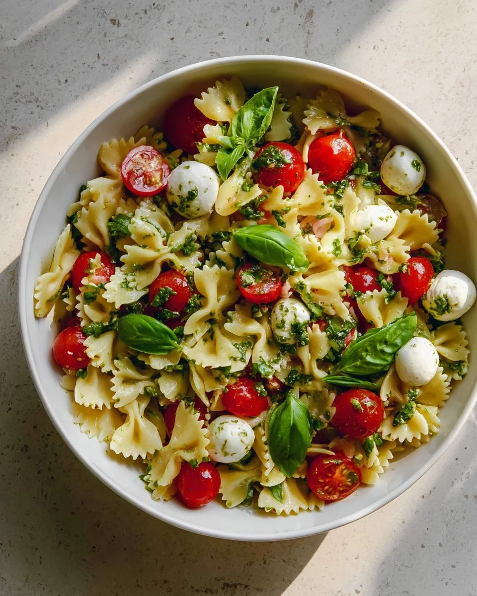 Bowl of Italian Bow Tie Pasta Salad with colorful vegetables and dressing
