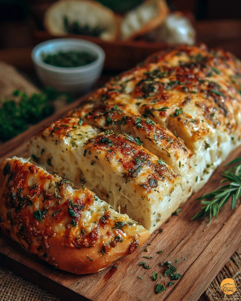 Freshly baked Italian Herbs and Cheese Bread with herbs and cheese topping