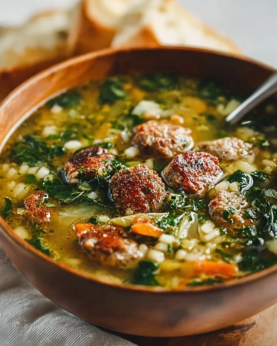 Bowl of Italian Wedding Soup with meatballs and greens