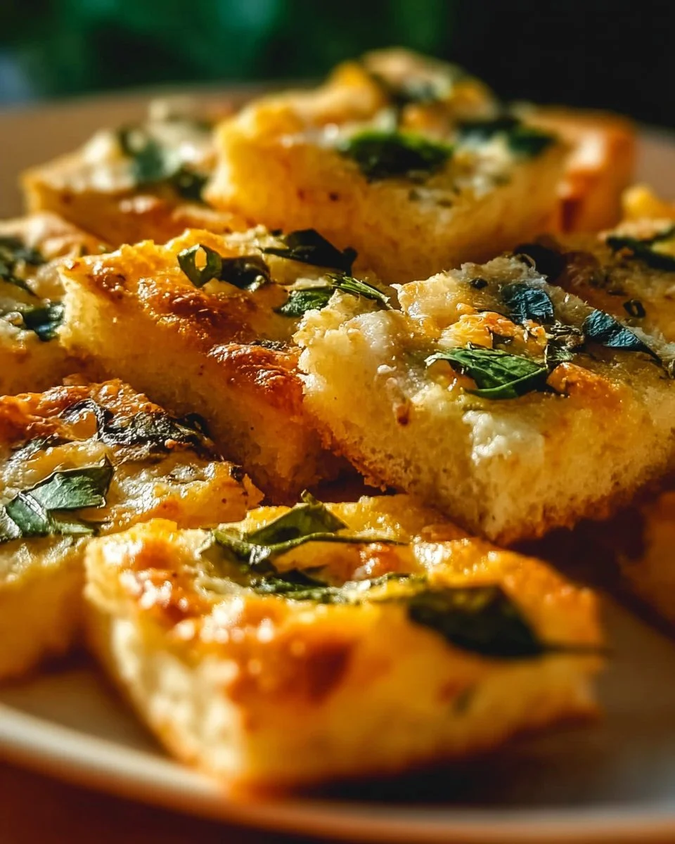 Plate of homemade jalapeño cheese squares with fresh herbs