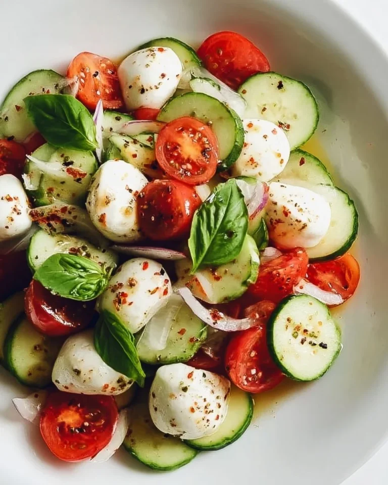 Juicy Cucumber Caprese Salad with mozzarella, tomatoes, and basil