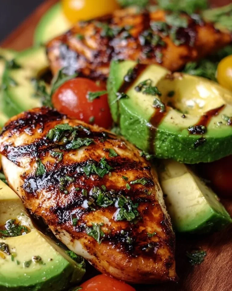 Juicy grilled California avocado chicken on a plate with fresh herbs.