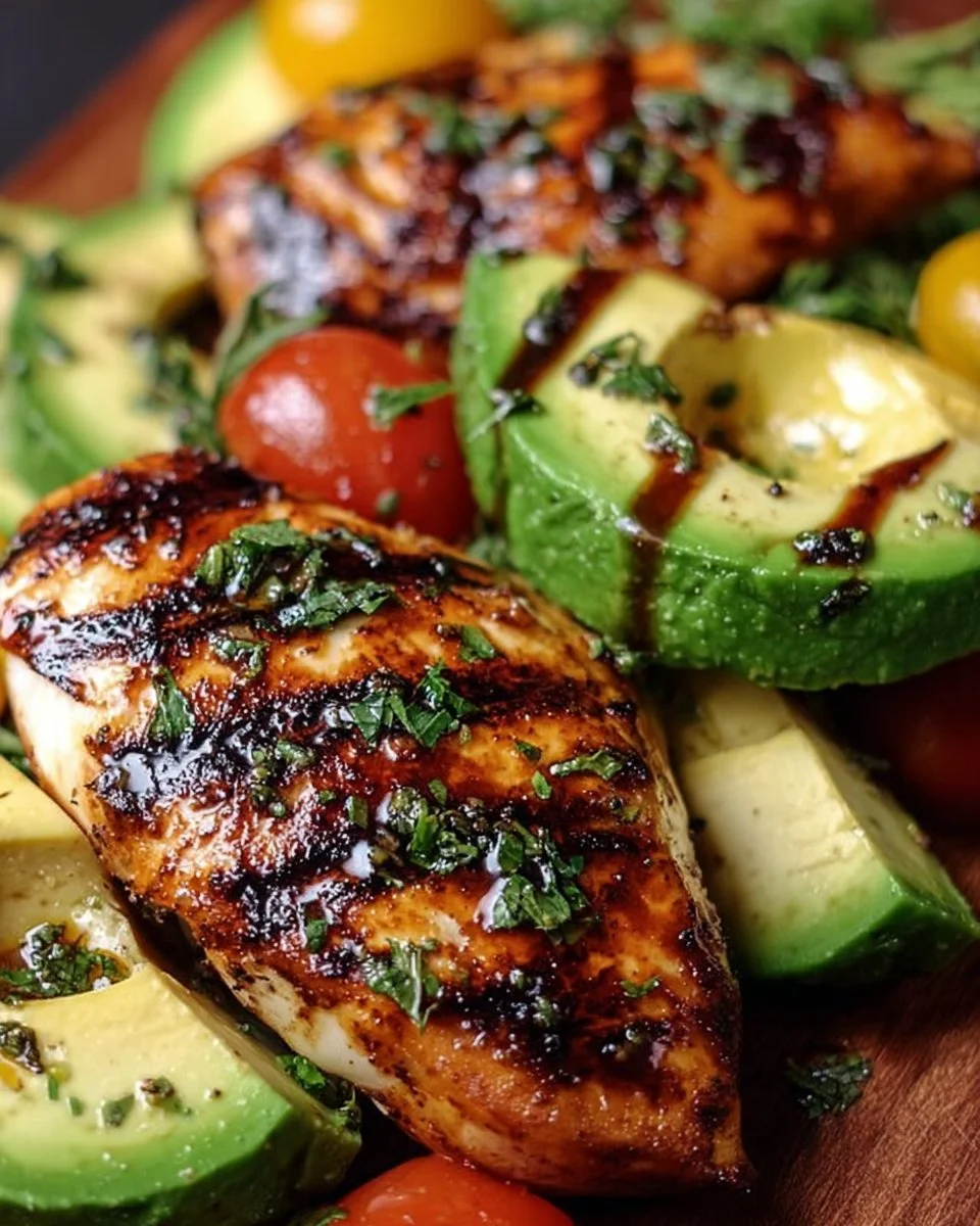 Juicy grilled California avocado chicken on a plate with fresh herbs.