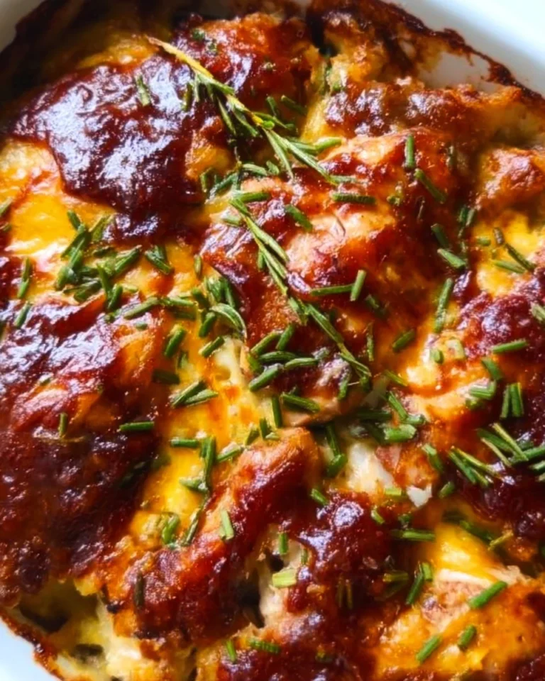 Keto BBQ Chicken Casserole topped with cheese and herbs, a delicious low-carb meal.
