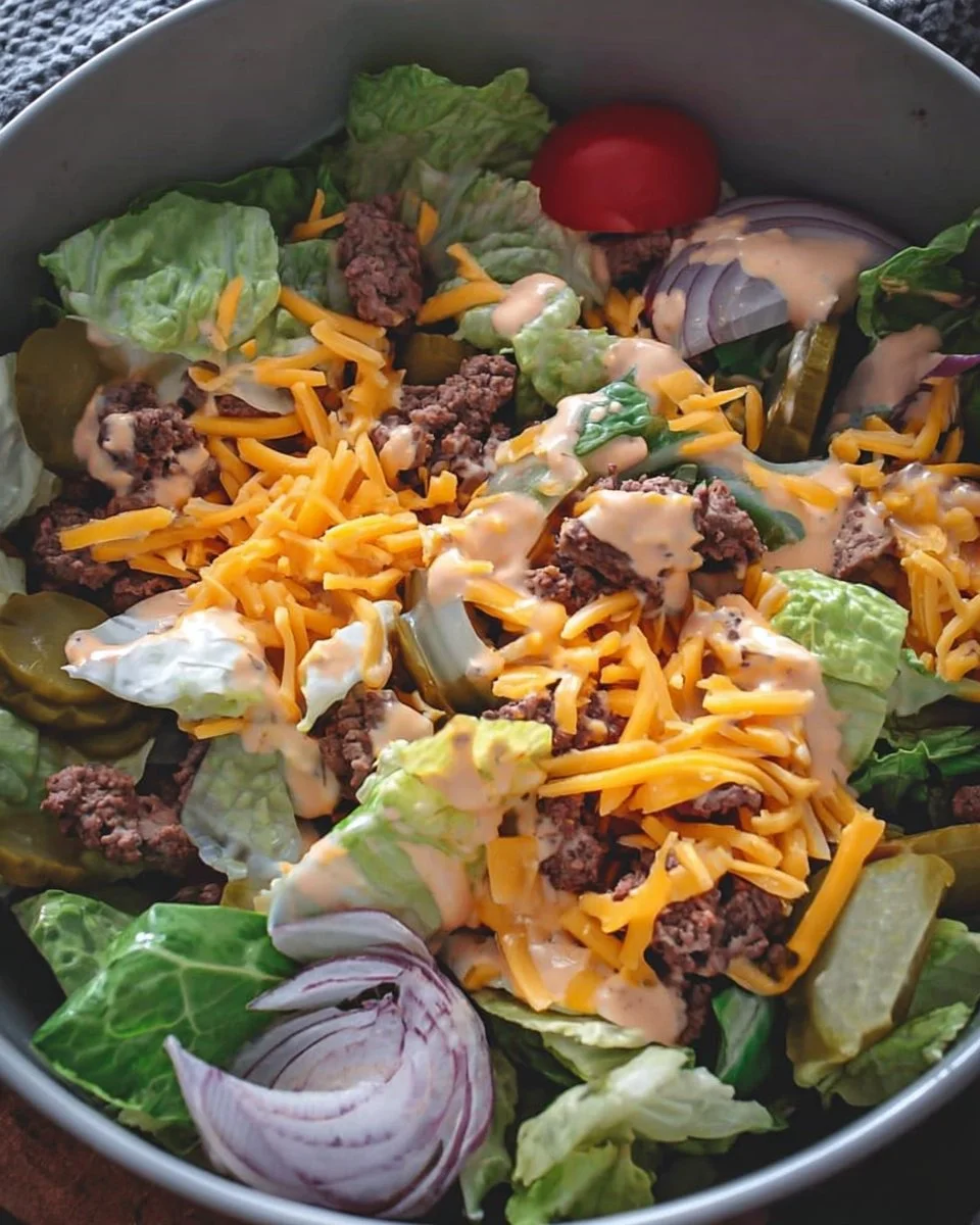 Keto Big Mac Salad topped with cheese, lettuce and special sauce