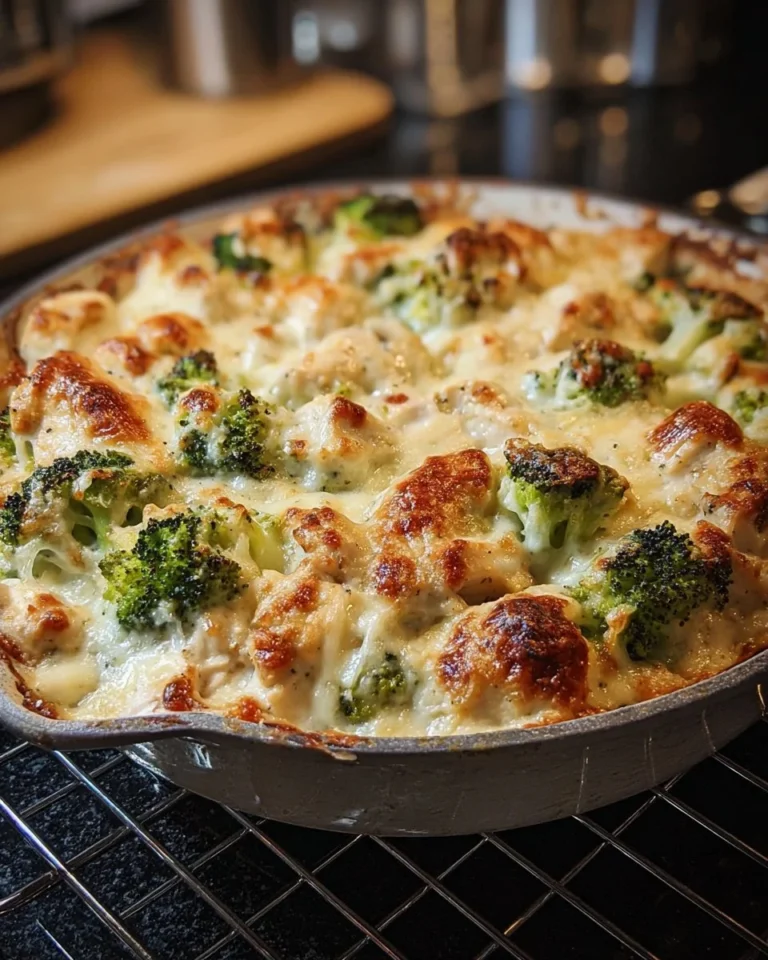 Keto Chicken Alfredo Broccoli Bake topped with cheese and fresh herbs