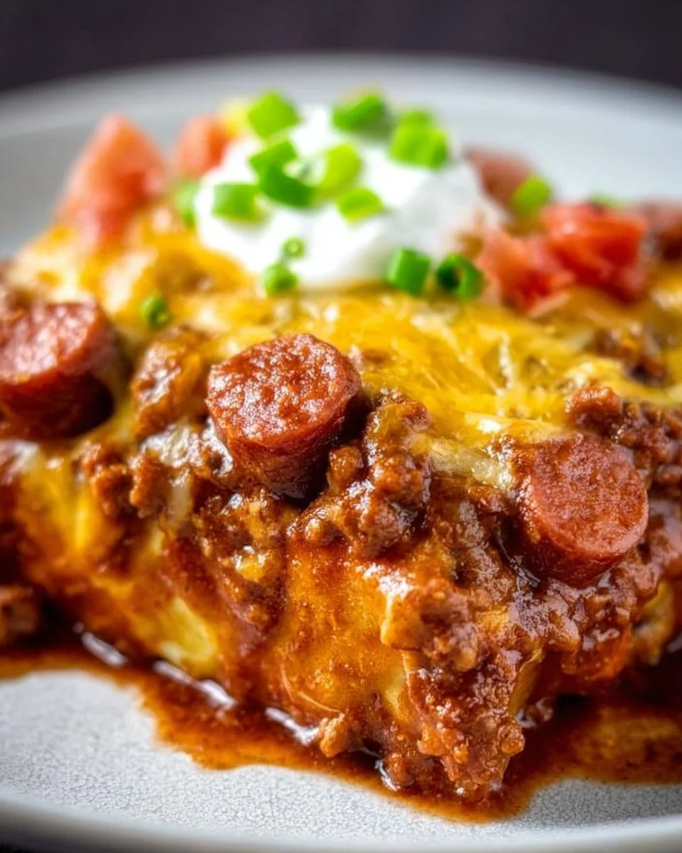 Delicious Keto Chili Dog Casserole topped with cheese and garnished with green onions.