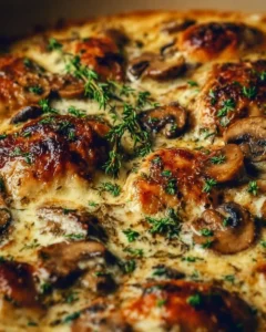 Delicious Keto Garlic Mushroom Chicken Casserole topped with cheese and herbs