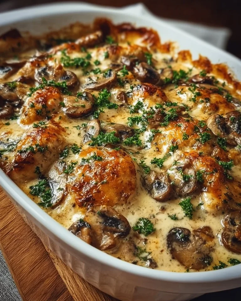Keto Garlic Mushroom Chicken Casserole topped with herbs and melted cheese