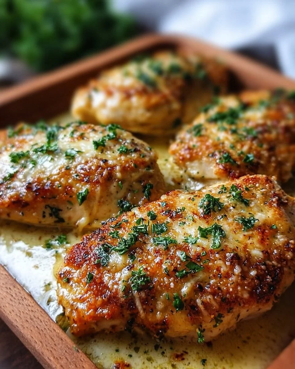Plate of Keto Garlic Parmesan Chicken garnished with parsley