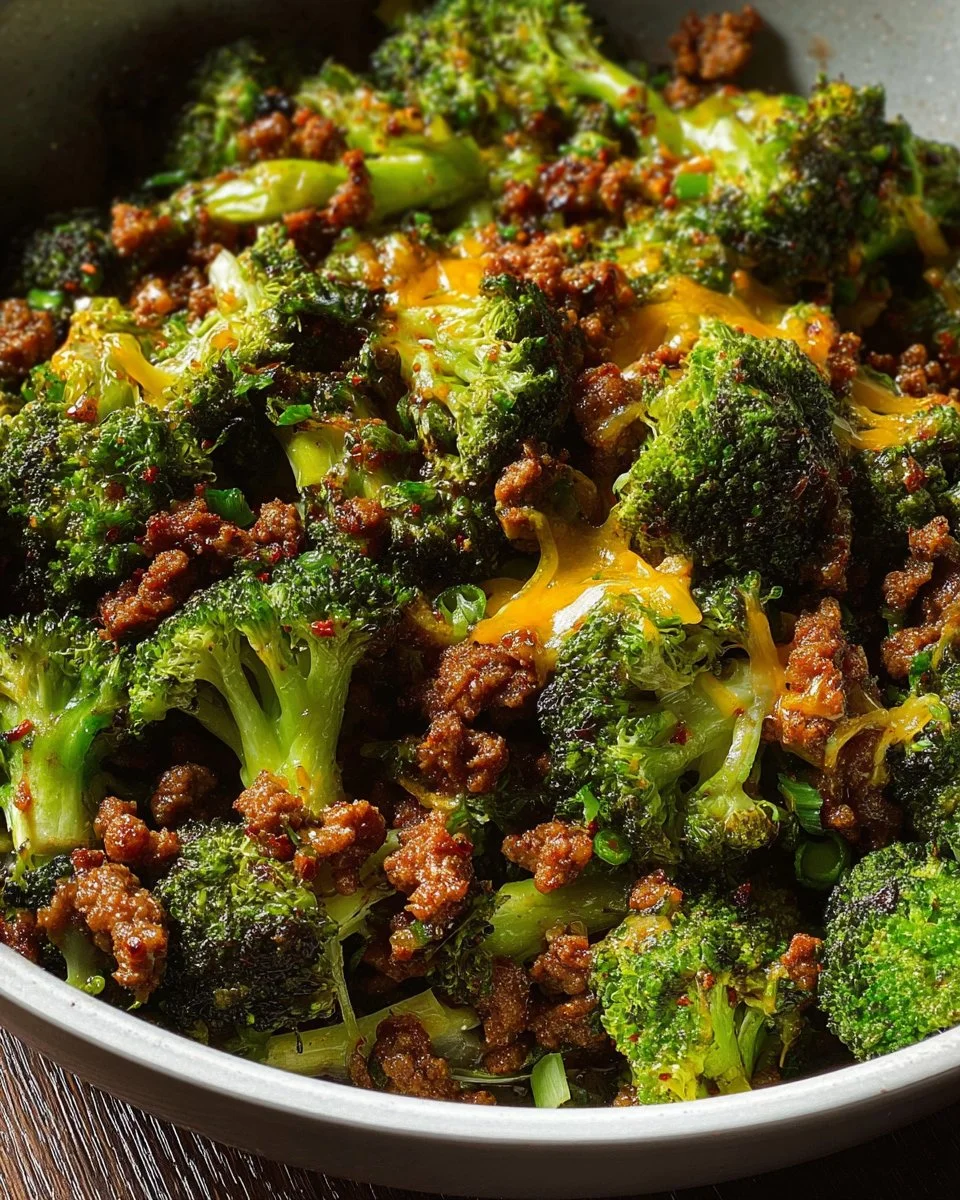 Keto Hamburger Broccoli Skillet with cheese and herbs in a frying pan