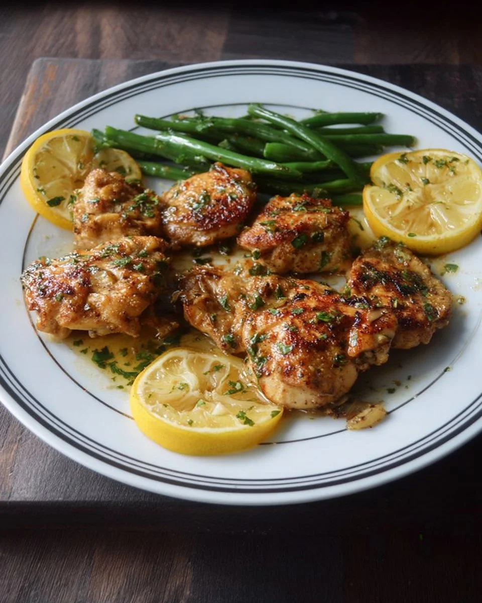 Keto Lemon Garlic Butter Chicken served with herbs and lemon slices