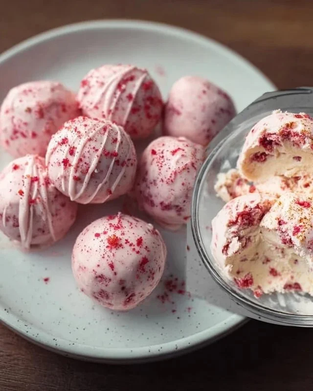 Keto Strawberry Cheesecake Fat Bombs on a plate