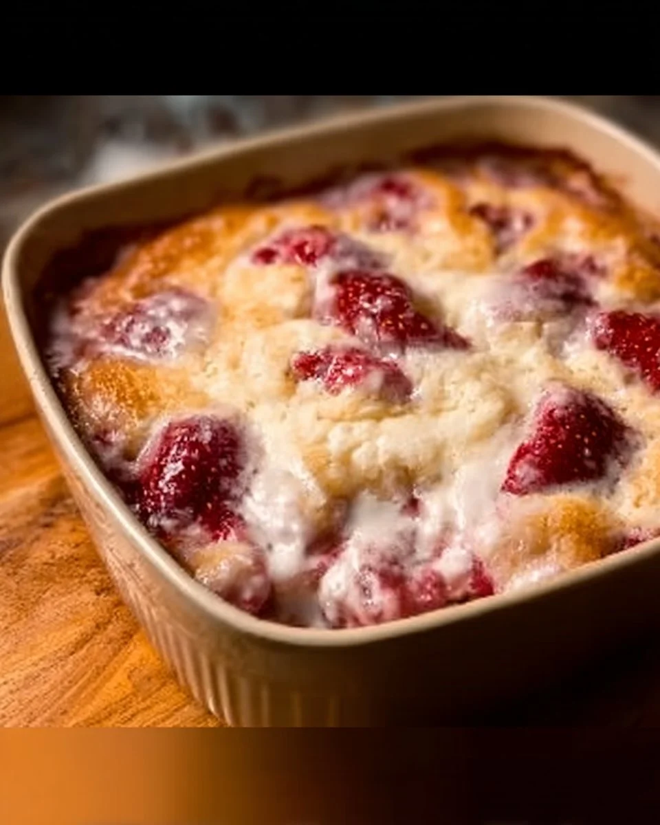 Keto Strawberry Cream Cheese Cobbler dessert in a baking dish