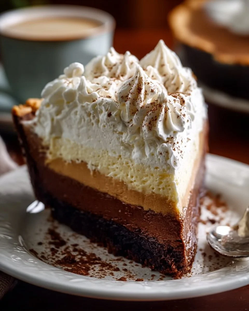 Layered Irish Coffee Pie with creamy coffee filling and chocolate crust.