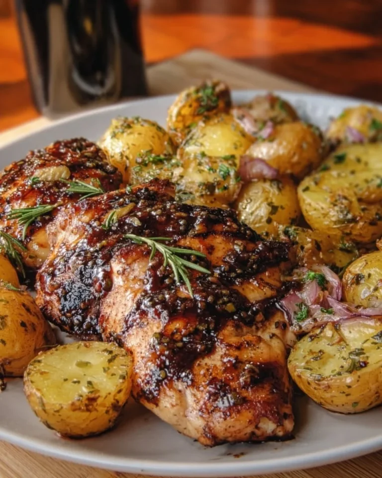 Plate of lemon balsamic chicken with roasted potatoes and herbs.