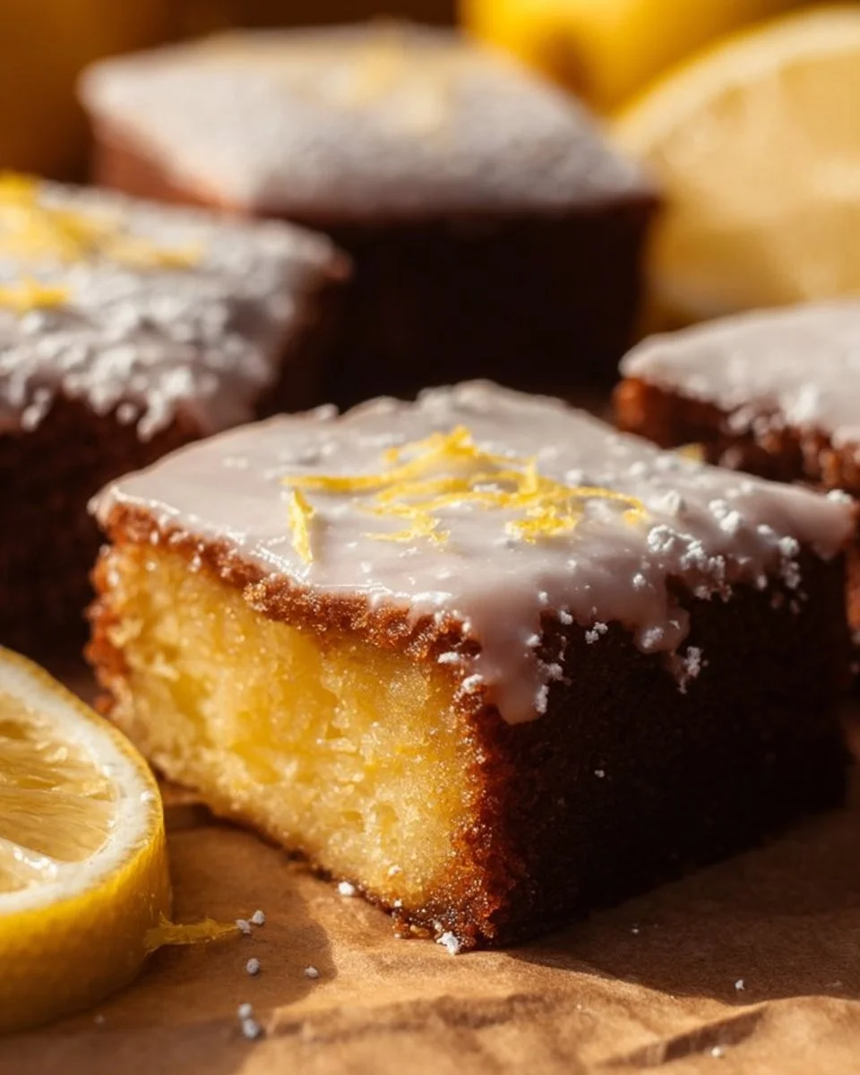 Delicious homemade lemon brownies topped with a lemon glaze.