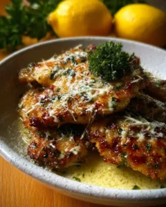 Plate of Lemon Chicken Romano garnished with herbs and lemon slices