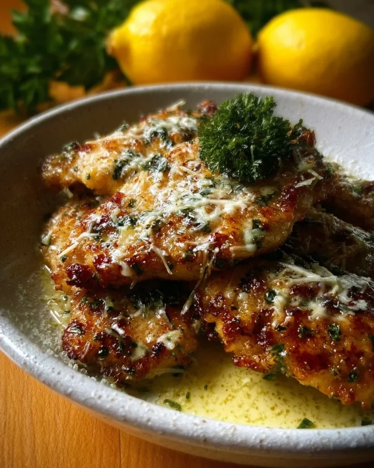 Plate of Lemon Chicken Romano garnished with herbs and lemon slices