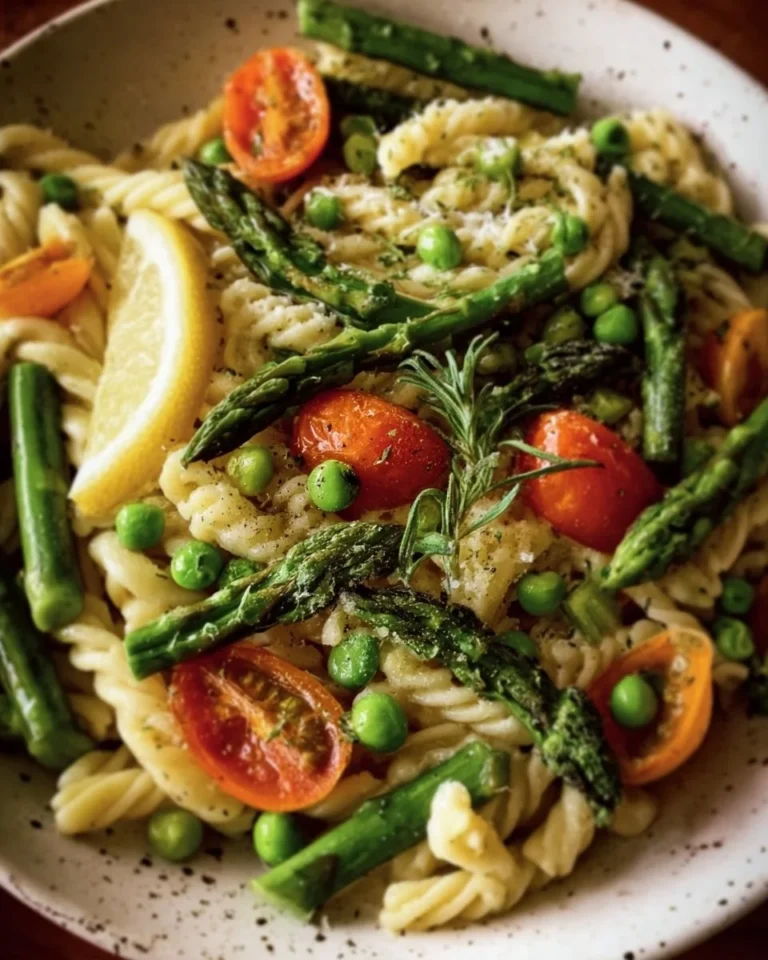 Bowl of Lemon Herb Pasta topped with spring vegetables and fresh herbs